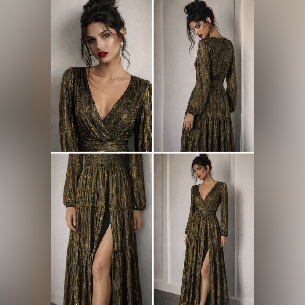 NWOT ASTR the Label Gold Metallic Pleated Maxi Dress Long Sleeve Slit Size Small